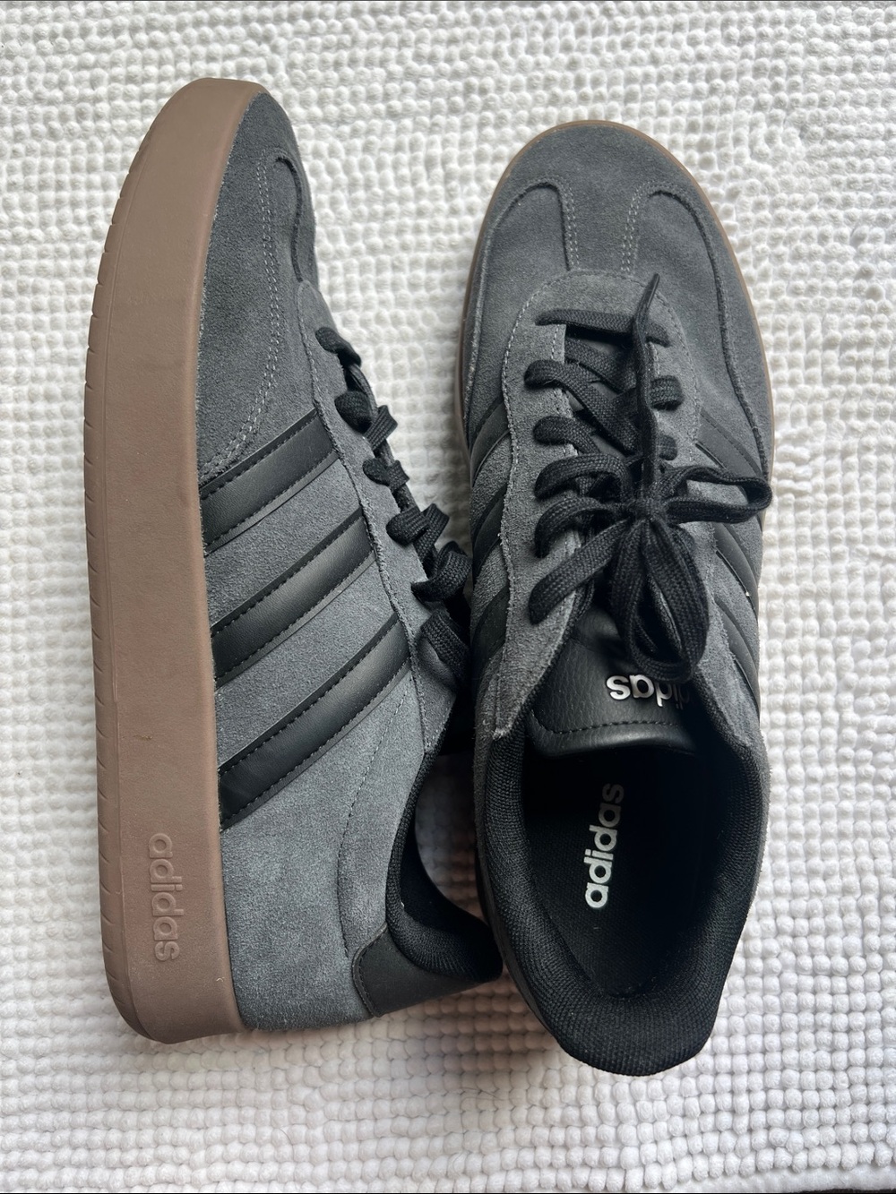adidas Gray Suede Sneakers with Black Stripes and Gum Sole